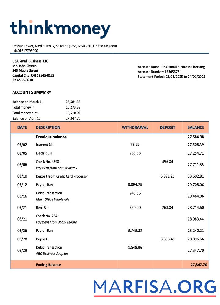Printable United Kingdom Think Money firm checking account statement Word and PDF template